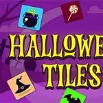 보라색 배경 위에 HALLOWEEN TILES라는 노란색 글씨와 마녀 모자, 유령, 호박, 사탕 등의 할로윈 아이콘들이 배열되어 있습니다