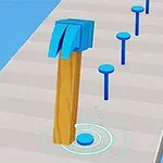 파란색 망치가 길 위의 파란 못을 박고 있는 모습