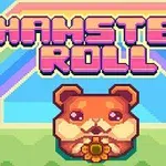 무지개 배경 앞에 꽃을 들고 있는 햄스터 얼굴이 중심에 있는 픽셀 아트 이미지