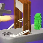 십자가, 손가락, 단두대 모형, 흰색 막대기 형태의 팔, 그리고 옆에 쌓인 녹색 더미가 보라색 배경에 놓여 있습니다