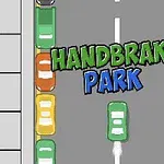 도로 위에 줄지어 주차된 자동차들 사이로 HANDBRAKE PARK라는 글자가 있는 이미지