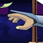 기계 장치에 고정된 손이 날아가는 지폐를 잡으려는 장면