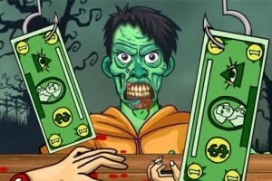 녹색 피부의 좀비가 후드티를 입고 있고, 갈고리에 걸린 지폐가 있으며, 앞에는 손이 보인다