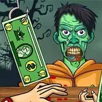 녹색 피부의 좀비가 후드티를 입고 있고, 갈고리에 걸린 지폐가 있으며, 앞에는 손이 보인다