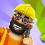 노란 안전모를 쓴 수염 난 남성이 페인트 롤러와 함께 웃고 있는 모습