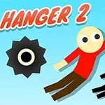 파란 배경에 빨간색 옷을 입은 인물이 줄에 매달려 있고 작은 검은색 인물이 함께 매달려 있는 모습