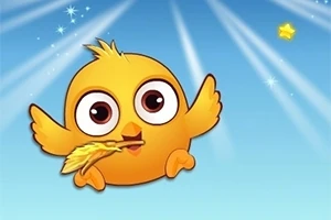 파란 하늘 배경에 별과 빛줄기 사이로 노란색 병아리가 깃털을 물고 있는 모습