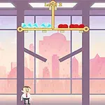 큰 창문이 있는 실내에서 작은 캐릭터와 파란 보석과 빨간 쿠션이 있는 퍼즐 장면