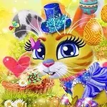 화려한 모자와 드레스를 입은 귀여운 동물이 알록달록한 배경 속에 장식된 모습