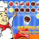 요리사 캐릭터가 과일과 디저트 모양의 거품들 앞에서 포즈를 취하고 있는 이미지