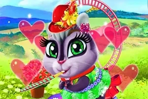 초록색 드레스와 빨간 모자를 쓴 귀여운 고양이가 꽃과 하트 배경 앞에서 막대사탕을 들고 있는 모습