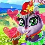 초록색 드레스와 빨간 모자를 쓴 귀여운 고양이가 꽃과 하트 배경 앞에서 막대사탕을 들고 있는 모습