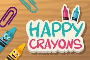 색연필과 종이 클립이 있는 나무 배경 위에 HAPPY CRAYONS라는 글자가 적혀 있는 이미지