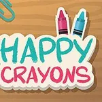 색연필과 종이 클립이 있는 나무 배경 위에 HAPPY CRAYONS라는 글자가 적혀 있는 이미지