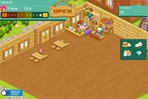 목재 인테리어의 작은 카페 내부, 두 개의 긴 테이블과 요리사가 있는 카운터, 상단에 OPEN 표지판이 보이는 장면