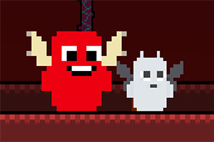 빨간색 몸체와 뿔이 달린 큰 캐릭터와 흰색 작은 캐릭터가 어두운 배경 앞에 서 있는 픽셀 아트 이미지