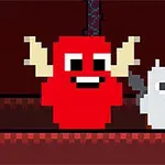 빨간색 몸체와 뿔이 달린 큰 캐릭터와 흰색 작은 캐릭터가 어두운 배경 앞에 서 있는 픽셀 아트 이미지