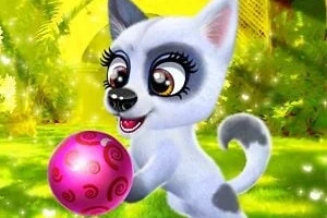 귀여운 만화 스타일의 강아지가 분홍색 공을 가지고 있는 모습