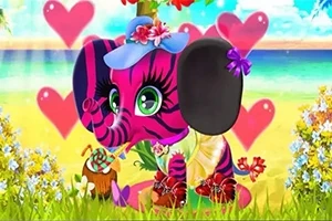 분홍색과 보라색 줄무늬의 귀여운 코끼리 캐릭터가 꽃과 하트를 배경으로 야외에서 장식된 모자를 쓰고 있는 모습입니다