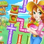 농부 소녀와 강아지가 있는 농장 배경에서 다양한 색상의 파이프와 과일이 있는 장면