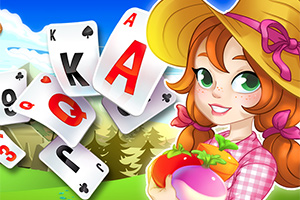 밀짚 모자를 쓴 소녀가 채소를 들고 있으며 공중에 떠 있는 여러 장의 카드가 배경에 있는 이미지