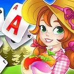 밀짚 모자를 쓴 소녀가 채소를 들고 있으며 공중에 떠 있는 여러 장의 카드가 배경에 있는 이미지