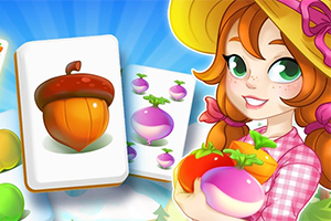 빨간 머리 여자아이가 무와 도토리 그림이 있는 카드와 함께 등장하는 밝고 알록달록한 일러스트