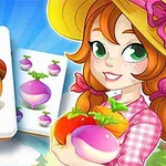 빨간 머리 여자아이가 무와 도토리 그림이 있는 카드와 함께 등장하는 밝고 알록달록한 일러스트