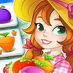 노란 모자를 쓴 소녀가 과일과 채소를 들고 있는 밝은 색감의 일러스트