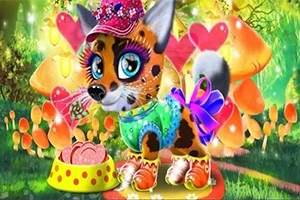 알록달록한 옷과 액세서리를 착용한 고양이가 숲속에 있는 이미지