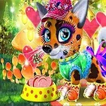 알록달록한 옷과 액세서리를 착용한 고양이가 숲속에 있는 이미지