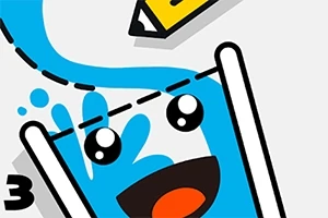 귀여운 얼굴이 그려진 컵에 파란 물이 채워지고 있으며, 위쪽에는 노란 연필이 그려져 있다