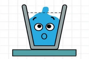 파란색 슬라임 모양의 캐릭터가 얼굴 표정을 짓고 컵 안에 들어있는 모습