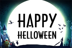 커다란 달을 배경으로 HAPPY HALLOWEEN 글자가 있고, 주위에 마녀와 박쥐가 날아다니는 어두운 분위기의 이미지