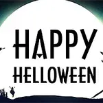 커다란 달을 배경으로 HAPPY HALLOWEEN 글자가 있고, 주위에 마녀와 박쥐가 날아다니는 어두운 분위기의 이미지