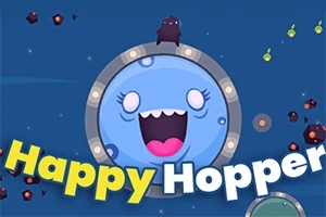 파란색 웃는 얼굴 캐릭터와 Happy Hopper 텍스트가 있는 게임 테마 이미지