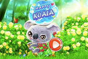 귀여운 코알라가 꽃밭의 초원에 있으며, HAPPY KOALA라고 적힌 팻말과 큰 빨간색 버튼이 표시되어 있습니다