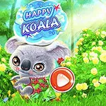 귀여운 코알라가 꽃밭의 초원에 있으며, HAPPY KOALA라고 적힌 팻말과 큰 빨간색 버튼이 표시되어 있습니다