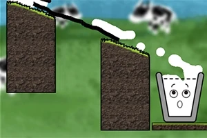 두 개의 언덕 사이에 그려진 검은 선과 눈이 있는 컵으로 흘러가는 흰 액체