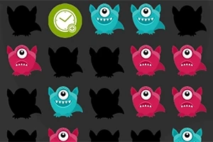 빨간색과 파란색 외눈박이 몬스터 아이콘이 행과 열로 배치되어 있고, 검은 실루엣과 시계 아이콘이 포함된 이미지