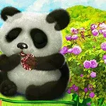 귀여운 판다가 화사한 정원에서 음식을 먹고 있는 모습