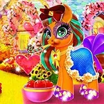 알록달록한 배경의 정원에서 커다란 눈을 가진 말이 예쁜 리본과 드레스를 입고 서 있는 모습