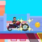 오토바이를 탄 사람이 배경에 도시 풍경과 함께 금색 동전을 지나가는 장면