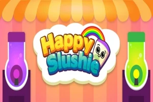 색색의 음료 디스펜서와 무지개 배경 위에 웃는 얼굴이 그려진 “Happy Slushie” 로고