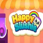 색색의 음료 디스펜서와 무지개 배경 위에 웃는 얼굴이 그려진 “Happy Slushie” 로고