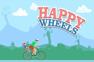 하늘색 배경에 자전거를 탄 남자와 아이가 있으며, 위에 HAPPY WHEELS라는 텍스트가 있는 이미지