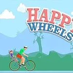 하늘색 배경에 자전거를 탄 남자와 아이가 있으며, 위에 HAPPY WHEELS라는 텍스트가 있는 이미지