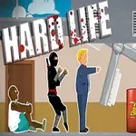 닌자와 정장을 입은 남성이 길을 걷고 있으며, 주변에는 장애물과 위험 표지가 있습니다