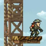 하늘 배경 앞에 모자를 쓴 캐릭터가 나무 발판 끝에 서 있는 모습