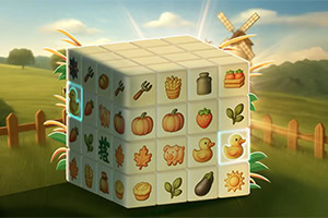 농장 배경에 과일과 채소, 오리, 나무 등 그림이 그려진 3D 큐브